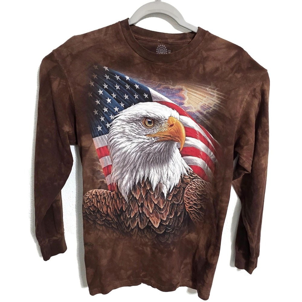 The Mountain‎ Shirt Mens Medium Brown Tie Dye Long Sleeve Eagle USA Graphic Tee